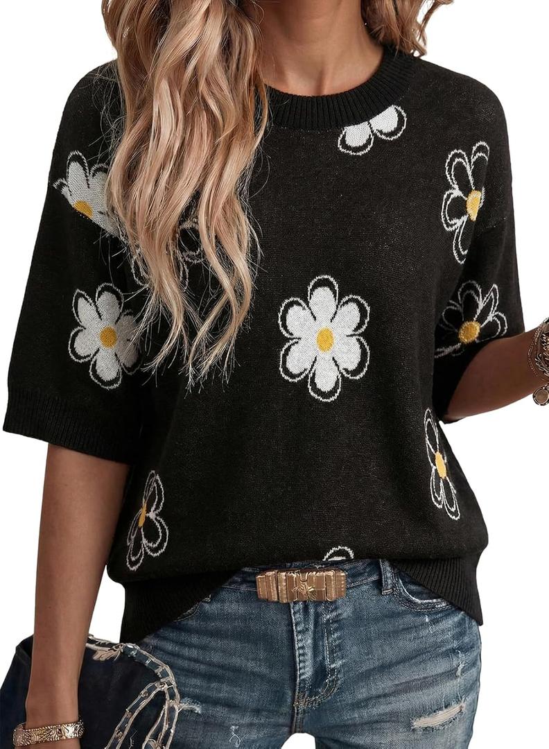 Dokotoo Women's Sweaters Casual Creweck Short Sleeve Cotton Kint Summer Pullover Sweater Tops (Medium, Z Black)