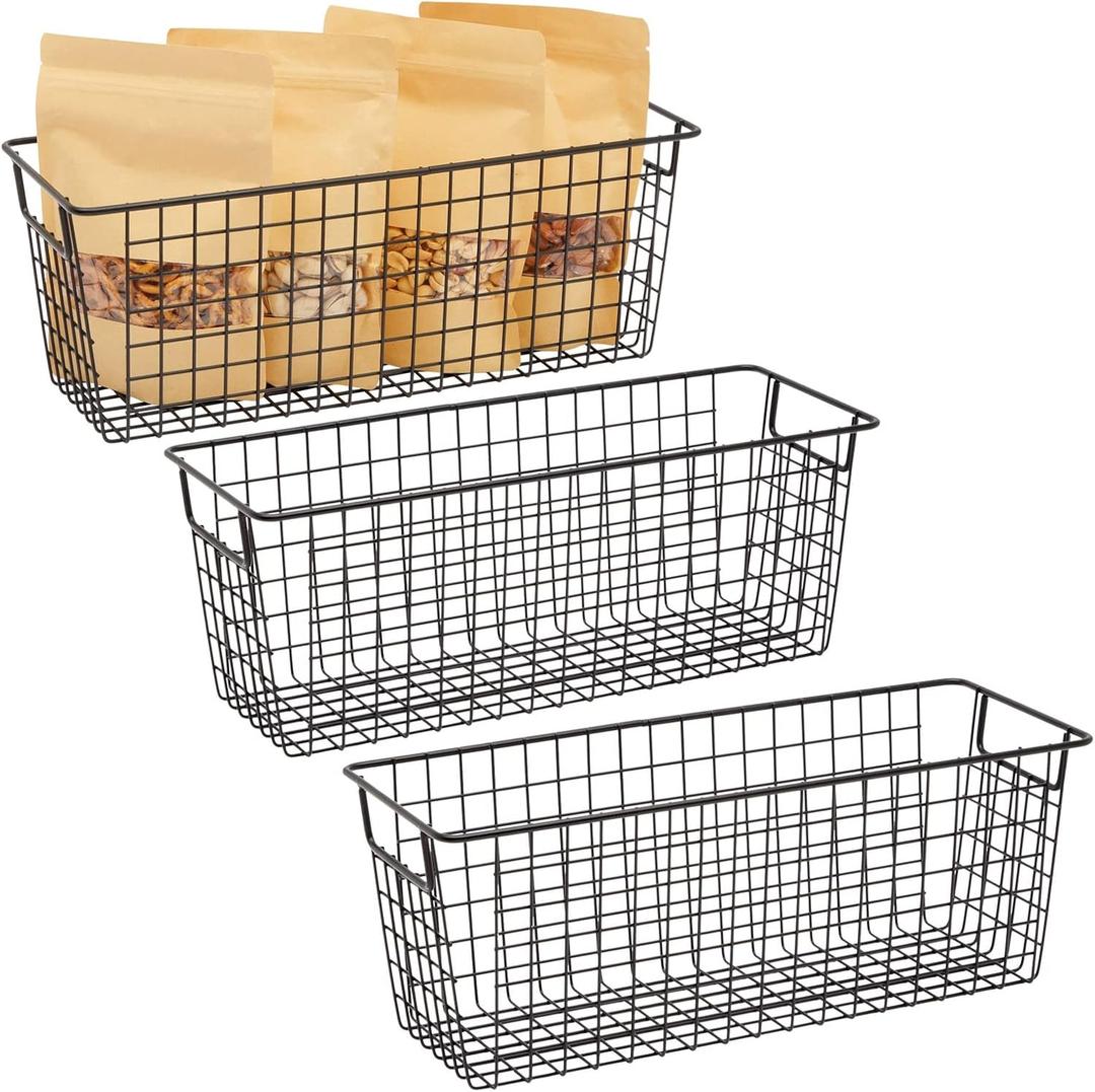 3 Pack Metal Wire Storage Baskets for Shelves, Pantry, Closet, Long Narrow Organizer Bin (Black, 16 x 6 x 6 In)