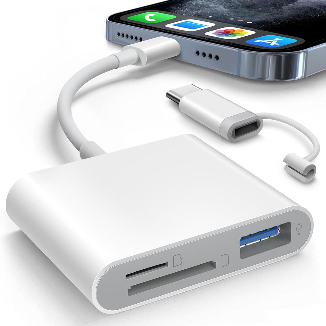 SD Card Reader for iPhone iPad Built-in Lightening & USB-C Dual Connectors Card Adapter with SD MicroSD USB-A 3 Slots Trail Camera Memory Card Viewer, Portable No App Required Plug and Play (White)