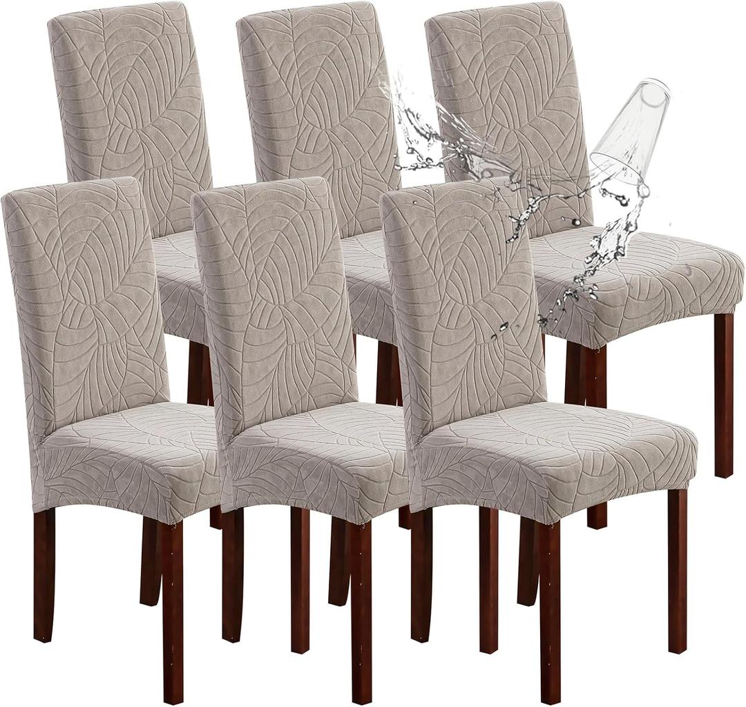 Genina 100% Waterproof Chair Covers for Dining Room Set of 6, Large Dining Room Chair Covers Protectors Stretch Kitchen Parson Chair Slipcovers for Home, Restaurant (Large, Leaves-Warm Gray)