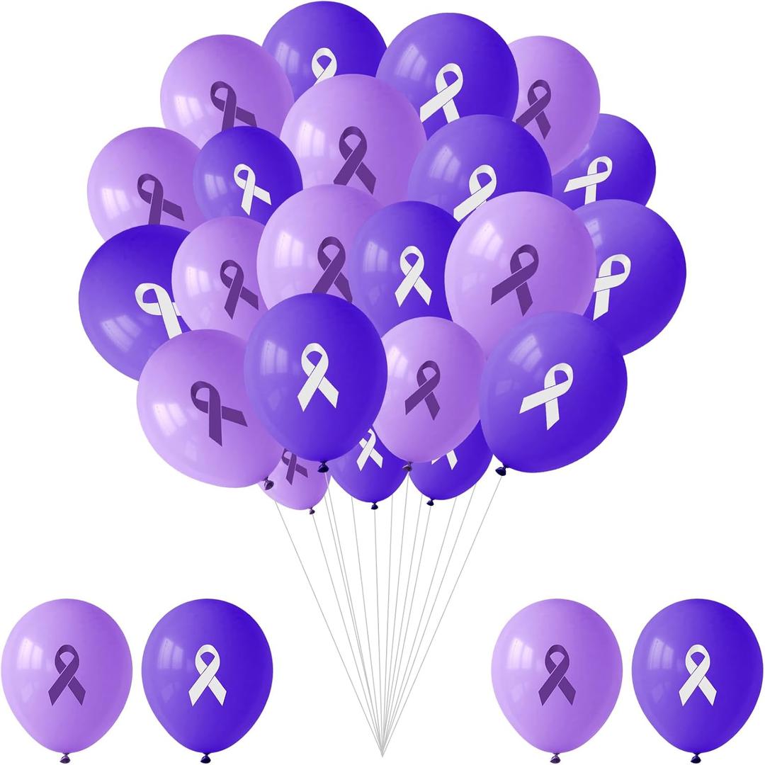 100 PCS Ribbon Awareness Balloons Decorations 12 Inch Ribbon Latex Balloons Arch for Awareness Items Community Activities Parades Charity Events Supplies (Purple)