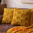 Decorative Farmhouse Fall Throw Pillow Covers 18x18 Set of 2, Mustard Maple Leaf Plush Embroidered Pillow Cases for Couch, Soft Fluffy Faux Fur Cushion Covers for Harvest Autumn Home Dcor (Mustard Yellow Stem)