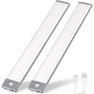 Rechargeable Motion Sensor Led Lights Ultra Thin Softer Under Counter 54-LED Closet Lighting Battery Operated Light Kitchen Under Cabinet Lighting Stick On Lights Night Light Wireless Light (2PACK) (12.7 in-54LED-2PACK, Silver White Light)