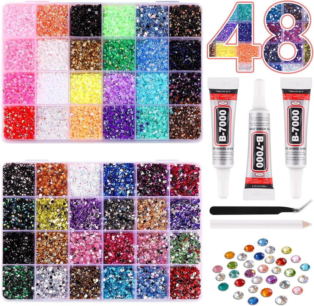 Kalolary 48000Pcs 48 Colors Jelly Rhinestones for Bedazzling and Diamond Art,3mm Resin Flatback Gems Bedazzler Kit with 3Pcs B7000 Glue Tweezers&Pick Up Pen for DIY Crafting Crafts Book Shoes Nail Art
