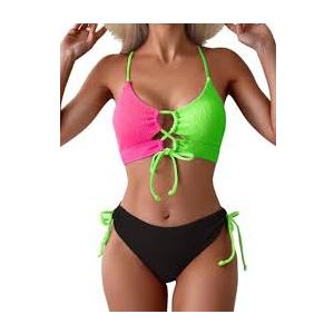 B2prity Women's Sexy Bikini Set Color Block Lace Up 2 Piece Bathing Suit Tie Side Swimsuit (Black)
