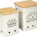 Potato Onion Storage Bin, Kitchen Storage Canister Set of 2, Kitchen Pantry Organizer Tin - Vegetable Fresh Keeper with Aerating Tin Storage Holes & Wooden Lid (White)