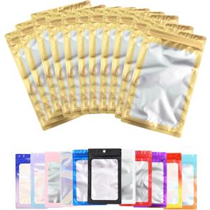 100 Pack Resealable Plastic Bags for Food Storage, Zipper Bags with Clear Front Window, Packaging Pouch for Small Business (Gold, 4.7x7.9 inch)