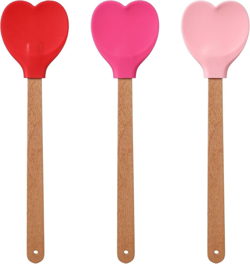 Chengu 3 Pcs Heart Shaped Silicone Spoon with Wooden Handle Valentine Day Kitchen Utensil Gift Set Red Pink Hot Heart Spatula Nonstick Cooking Tools for Mixing Stirring and Baking