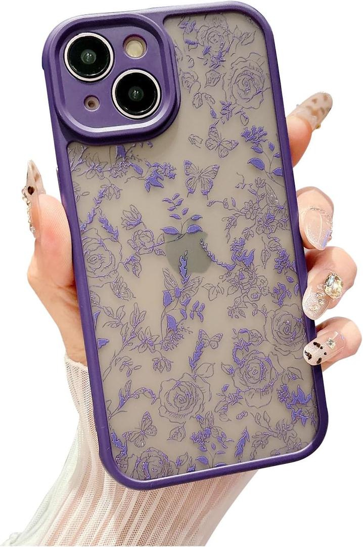 for iPhone 15 Case, Flowers Butterfly Slim Hard PC Frosted Shockproof Drop Protection Cover, Translucent Matte Floral Phone Case for Women Girls 6.1" - Purple