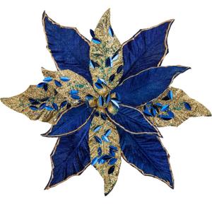 Briful 12'' Large Heads Christmas Glitter Poinsettia Flowers Christmas Tree Ornaments Set of 4 Artificial Flowers with Picks Stems for Xmas Tree Party DIY Holiday Decorations, Dark Blue