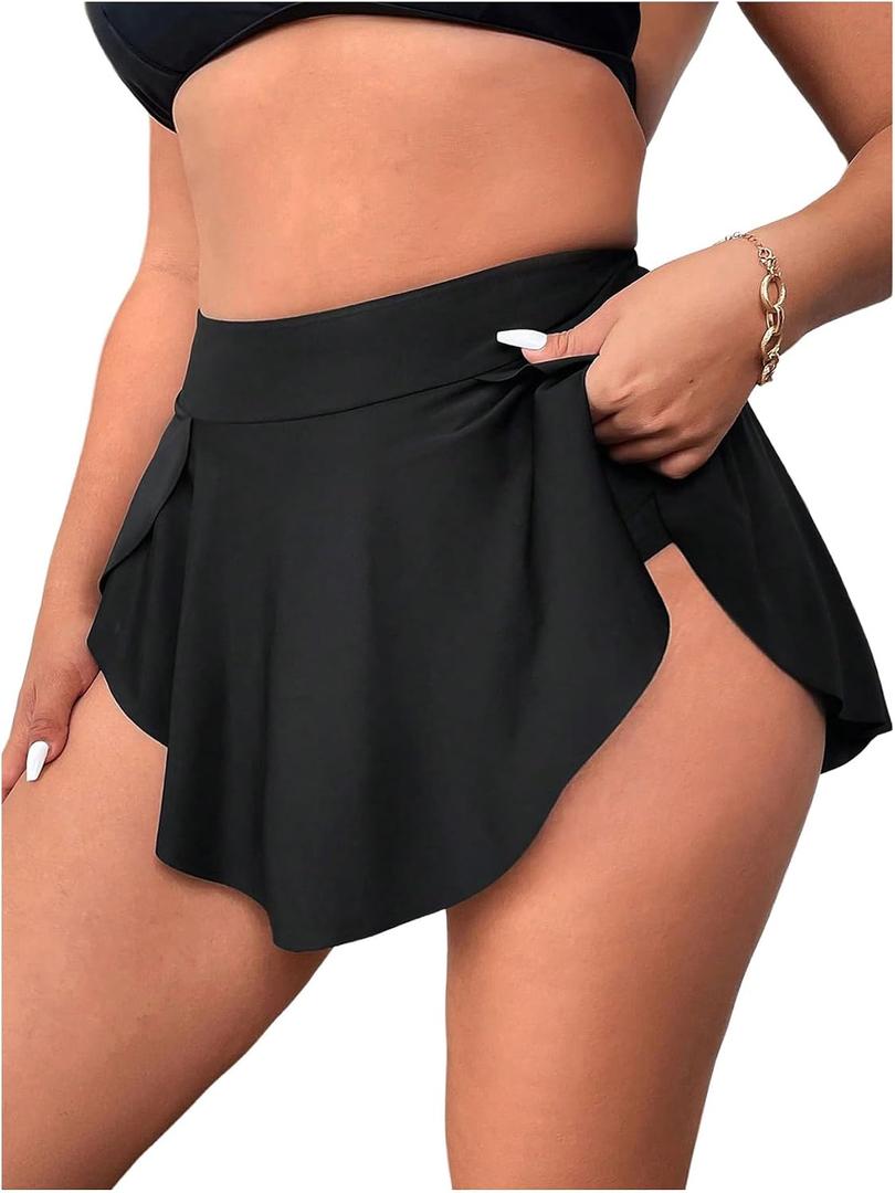 SHENHE Women's Plus Size Ruffle Swim Skirt High Waisted Asymmetrical Hem Flowy Skirted Swimsuit Bottom (Black, XL)