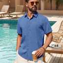 Alimens & Gentle Mens Linen Shirt Short Sleeve Button Down Shirt Casual Summer Beach Vacation Wedding Linen Texture Shirts (Blue, L)