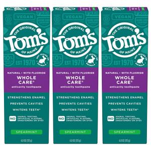 Tom's of Maine Whole Care Natural Toothpaste with Fluoride, Spearmint, 4 Ounce (Pack of 3) 