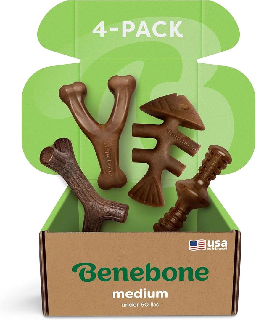 Benebone Medium 4-Pack Dog Toys for Aggressive Chewers  Durable Dog Bones, Made in USA  Dog Toys for Medium Dogs Under 60 lbs