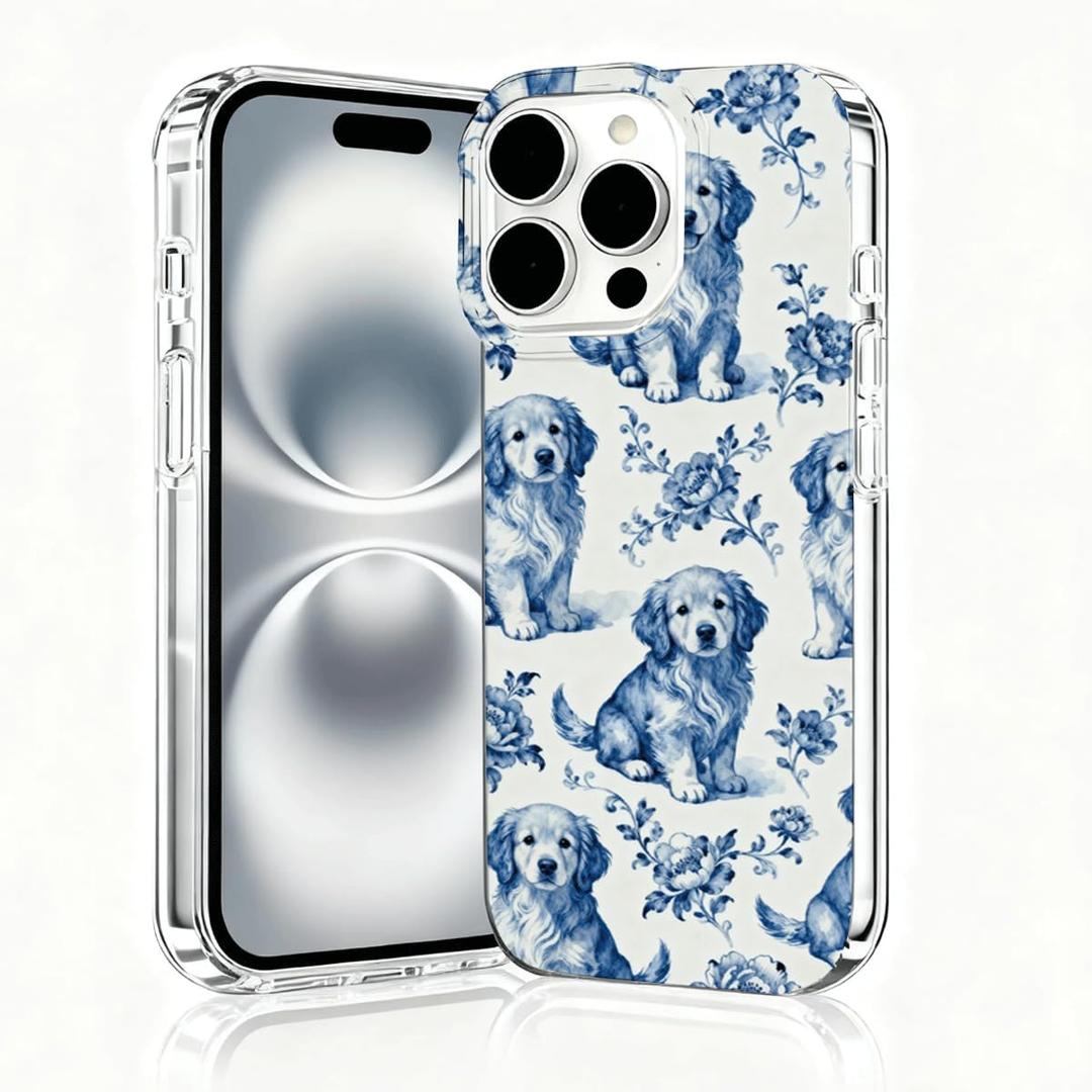 for iPhone 16 Pro Max Case, Blue and White Case, Scratch Resistant Shockproof Cover, Aesthetic Clear Phone Cover, Animal Print Phone Cases, Golden Retriever Blue and White FlowersB125