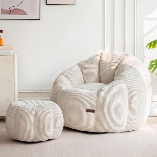 MAXYOYO Giant Bean Bag Chair with Ottoman, Pumpkin-Shaped Bean Bag Sofa with Footstool, Oversized Boneless Couch Chair in a Box, Comfy and Lazy Lounge for Dorm, Living Room, Bedroom, Beige