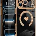 OOK Magnetic Case for iPhone 17 Pro 6.3 Inch [Wireless Charging Compatible] Soft TPU Heart Design Phone Cover with Screen Protector Shockproof Protection Slim Case for Women - (Black (NO Strap))