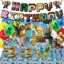 107Pcs Pixel Party Miner Theme Birthday Decorations Set Including 20 Plates, 20 Napkins, 10 Flags, 10 Gift Bags, 20 Toppers, 18 Balloons, 6 Paper Hats, 1 Banner, Tablecloth& Backdrop, Ideal For Boys Girls