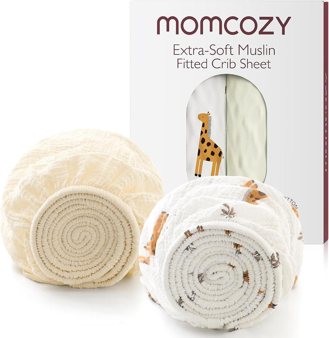 Momcozy Muslin Mini Crib Sheets Fitted - 38''x26'' Pack and Play Sheets for Pack N Play Mattress, 2 Pack Soft & Breathable Natural Cotton Non Slip Bed Cover for Boys, Girls, Bravery Giraffe