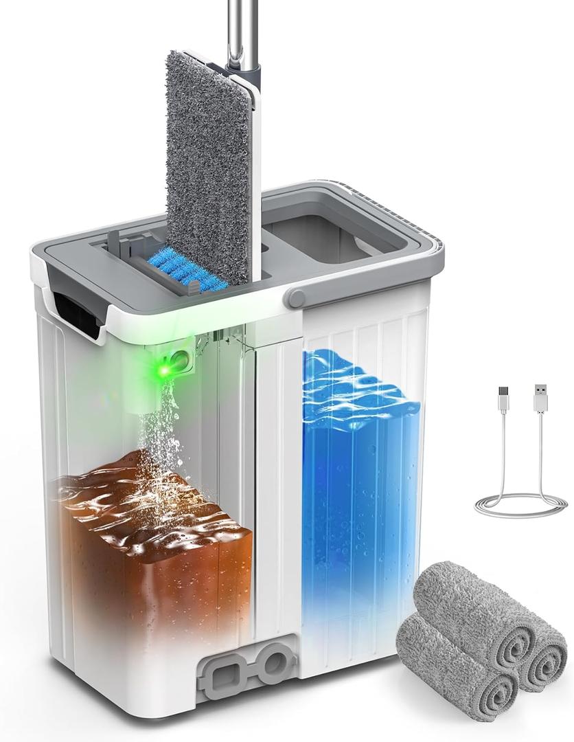 Mop and Bucket Set with AUTO Pump, 3-Zone Separate Dirty and Clean Water Floor Mop, Flat Mop and System with Wheels and Wringer, 4 Reusable Pads, One-Touch Water Filling for Floor Cleaning