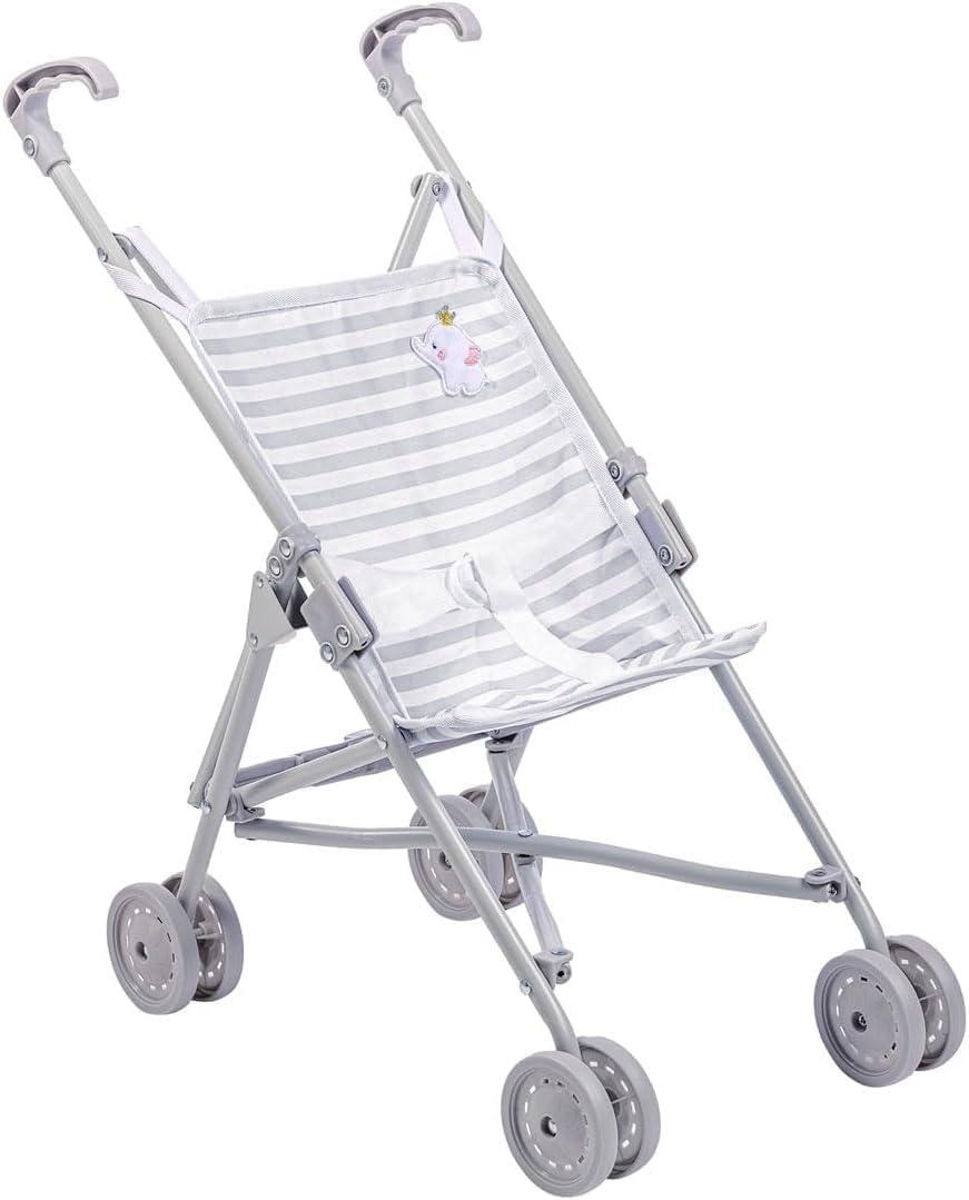 JC Toys Boutique | Folding Umbrella Doll Stroller for Children 2 Years Plus, Grey Stripes and Soft Embroidery | Sturdy Metal Frame | Pretend Play with Dolls up to 18 Long | Seat Belt