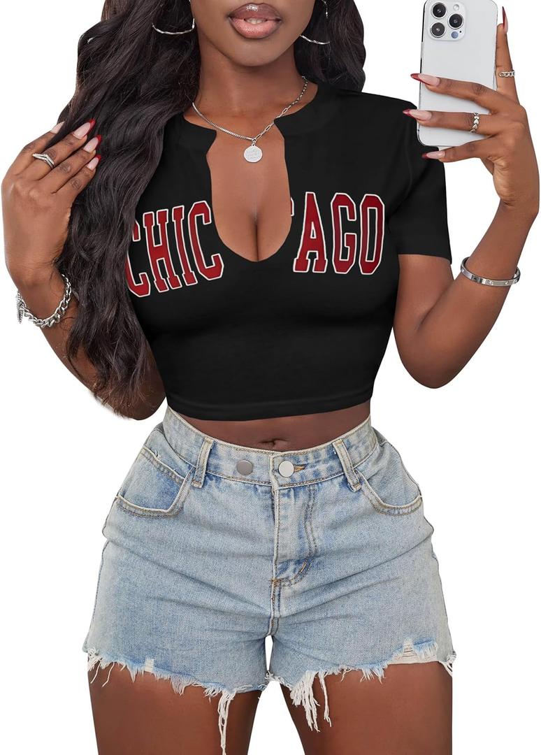 Hilinker Women's Sexy Graphic Crop Tops Short Sleeve V Neck T Shirts Summer Tees Black Chicago Large (Black, L)