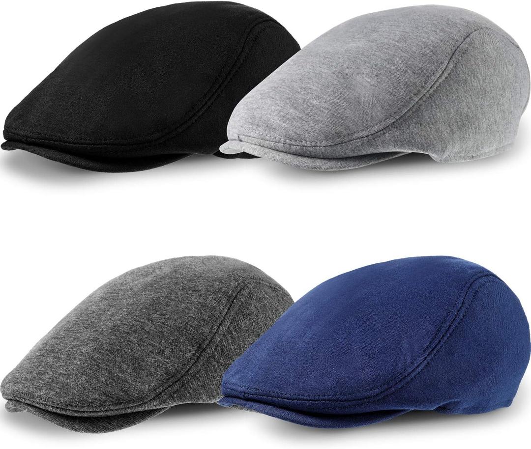 SATINIOR 4 Pieces Newsboy Hats for Men Flat Caps Irish Hat Cabbie Hunting Cap (Black, Dark Gray, Light Gray, Navy Blue)