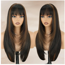 Highlight Long Straight Layered Wig with Bangs for Women 26 inch Highlight Brown Put on Go Realistic Synthetic Heat Resistant Natural Wig for Girls Party Cosplay and Daily Use