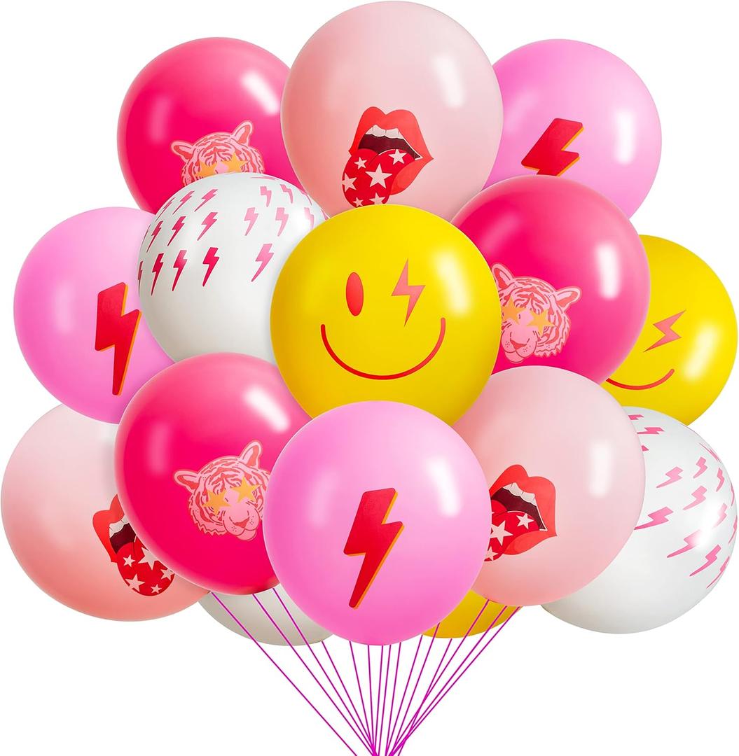 50Pcs Preppy Y2k Hot Pink Party Balloons Smile Face Lightning 12inch Latex Balloon with Ribbon Retro Decoration Supplies for Teen Girls Birthday Bachelorette Early 2000s Theme Party