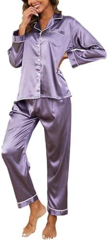 Reliwel Silk Pajamas for Women Button Down Satin Pjs Set 2 Piece Long Sleeve Loungewear with Elastic Waist Pants , size L Reliwel Silk Pajamas for Women Button Down Satin Pjs Set 2 Piece Long Sleeve Loungewear with Elastic Waist Pants , size L