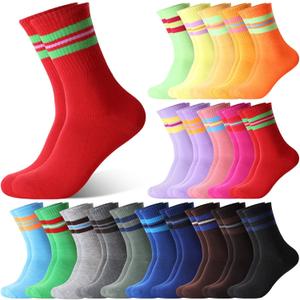 Newcotte 20 Pairs Colorful Striped Crew Socks Retro Cotton Striped Tube Athletic Cushion Socks for Women Men Sports Running (Chic)