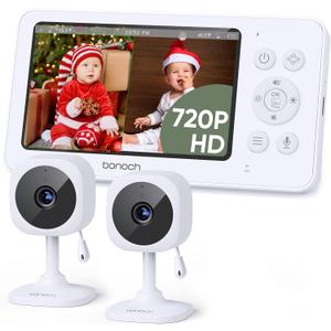 bonoch 4.3" Baby Monitor with 2 Cameras, 720p Split Screen Monitor with Camera and Audio, 28hour Battery, Video Baby Monitor No WiFi, VOX Mode, 2 Way Audio, Auto Night Vision, 2X, 3X, 4X Zoom