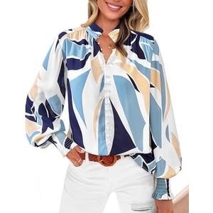 BTFBM Fall Fashion 2024 Button Down Long Sleeve Blouses for Women Dressy Casual V Neck Loose Printed Boho Tops Shirts(Blue White, Small)