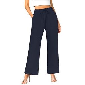 NILOUFO Women Wide Leg Pants Drawstring Elastic High Waisted Palazzo Casual Trousers with Pockets Lounge Comfy (Navy Blue, Small)