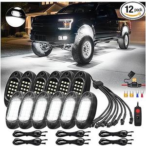 12Pods All Pure White LED Rock Lights Full Kit Plug and Play & Pre Wired 6500K with Switch Wiring Harness Extension Fuse, 180Chips Waterproof Underglow 12V for Trucks Pickup Jeep ATV UTV SXS Offroad