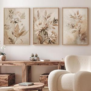 Beige Abstract Flower Canvas Wall Art Decor - Botanical Prints & Flower Painting - 16x24inx3pcs No Frame