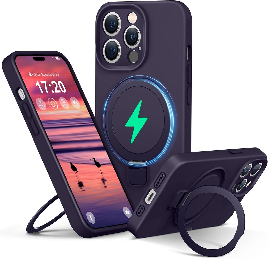 Liquid Silicone Case for iPhone 14 pro with Magnetic Ring Stand, Upgraded Camera Lens Protection, Mil-Grade Drop Shockproof, Anti-Scratch Microfiber Lining Silicone Case (Purple)