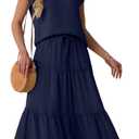 Lepunuo 2 Piece Skirt Sets for Women Flowy Maxi Skirts Cap Sleeve Tops Matching Sets Travel Vacation Outfits with Pockets (Blue, XL)