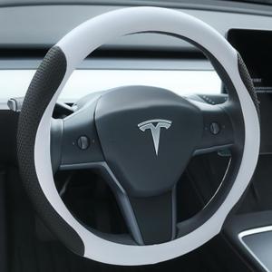 Nappa Leather Steering Wheel Cover for Tesla Model 3/Y 2016-2025 2026 Juniper/Highland, Non-Slip Breathable Tesla Model 3/Y Steering Wheel Protector, White