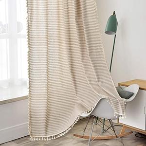 ColorBird Striped Semi-Blackout Window Curtains 2 Panels Farmhouse Style Cotton Linen Darkening Curtains with Tassel Rod Pocket Window Drapes for Dining Living Bedroom (52" W x 84" L, 1 Pair, Beige)