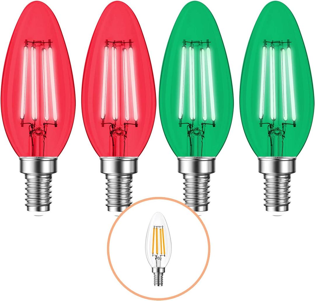 4 Pack Filament E12 Candelabra LED Christmas Light Bulbs - 4W 40 Watt Equivalent E12 Base - Vintage LED Decor Red Light Bulbs Green Bulbs Party Christmas Lights