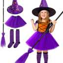 MISS FANTASY Toddler Witch Costume Halloween Witch Costume Accessories Girls Including Witch Hat and Broom Witch Purple Tutu Toddler Striped Witch Socks for 3-5 Kids Hocus Pocus Costume for Toddler