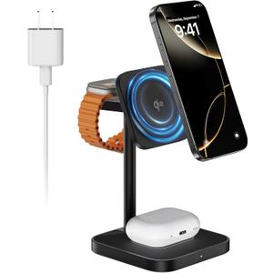 [Qi2 Certified ] LULULOOK 3 in 1 Charging Station with MagSafe, 15W QI2 Wireless Charger Stand Magnetic Charger for iPhone16/15/14/13/12 Series, AirPods Pro/3/4, Apple Watch with 30W PD Adapter (Titanium)
