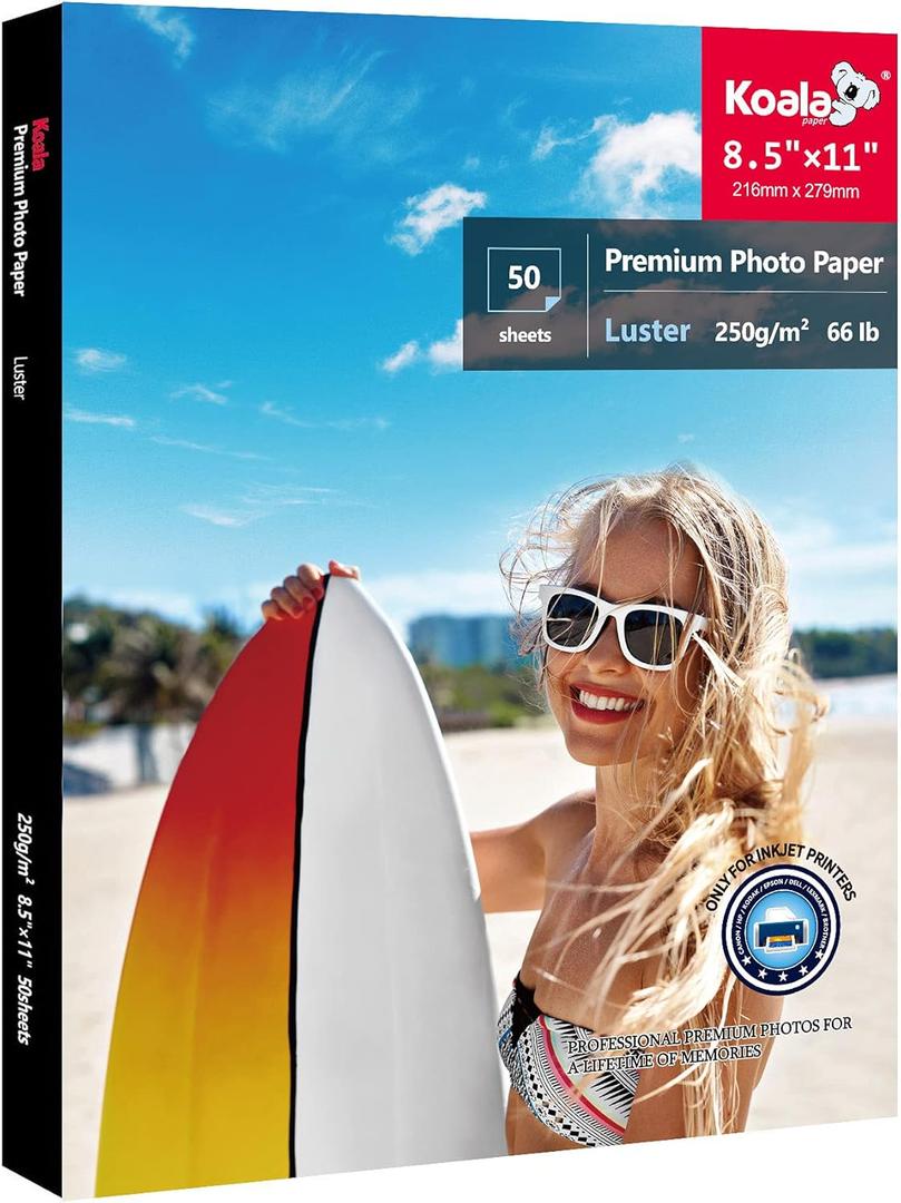 Koala Premium Photo Paper 8.5 x 11 In Luster Photo Printer Paper for Inkjet Printer Water-Resistant Soft Gloss 66lb 50 Sheets
