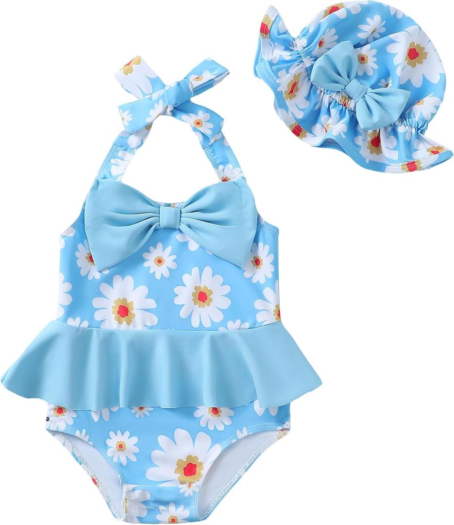 Kucnuzki Baby Girl Swimsuit Newborn One Piece Bathing Suit Bow Tie Bikini Tankini Infant Swimwear with Hat (Blue, S)