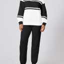 Herseas Women 2 Piece Outfits Sweat suit Lounge Set Color Block Crewneck Pullover with Jogger Airport Tracksuit Matching Pants Set Black Small 4 6