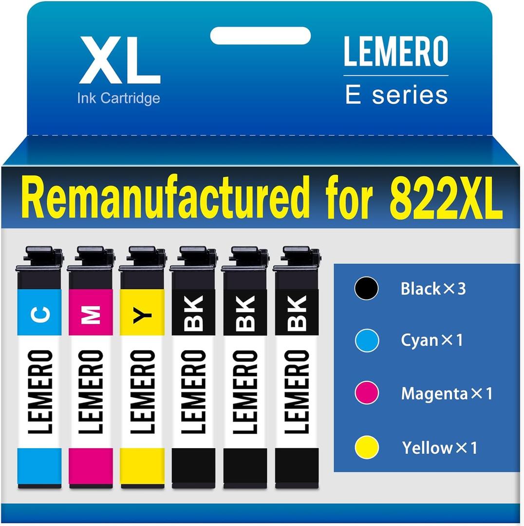 LEMERO Remanufactured for 822XL Ink Cartridges Replacement for Epson 822 822 XL Ink Combo Pack for Workforce Pro WF-3820 WF-3823 WF-4820 WF-4830 WF-4833 Printer (3 Black 1 Cyan 1 Magenta 1 Yellow)