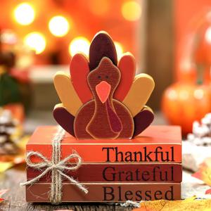 Jetec 4 Pcs Thanksgiving Turkey Decor Wooden Turkey Tiered Tray Decor Thanksgiving Book Stack Bundle Farmhouse Turkey Sign Rustic Fall Decor for Home Thanksgiving Table Centerpiece Shelf(Cute)