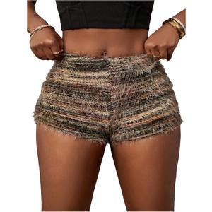 SHENHE Women's Fuzzy Striped Sweater Micro Shorts High Elastic Waist Casual Booty Hot Pants (Medium, Brown)