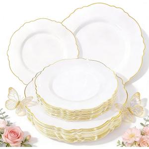 WDF 60pcs White and Gold Plastic Plates - Baroque White With Gold of 30 Heavy Duty Gold dinner plates 10.25inch, 30 Salad Plates 7.5inch Perfect for Wedding/Baby Shower/Spring/Mother's Day